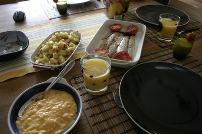 Helgfrukost med äggröra,böckling och potatis.